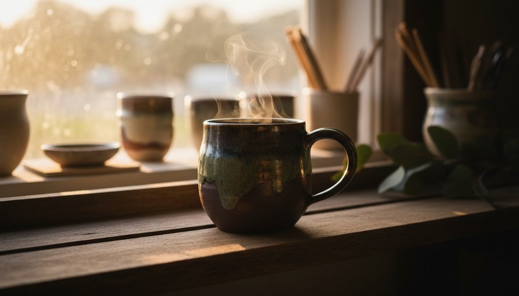 An epic moment captured: a close-up, dramatically lit image showcasing a meticulously crafted, locally sourced artisanal ceramic vase from The Basin, Victoria, with fine details highlighted, perfect for The Basin Victoria artisanal product photography.