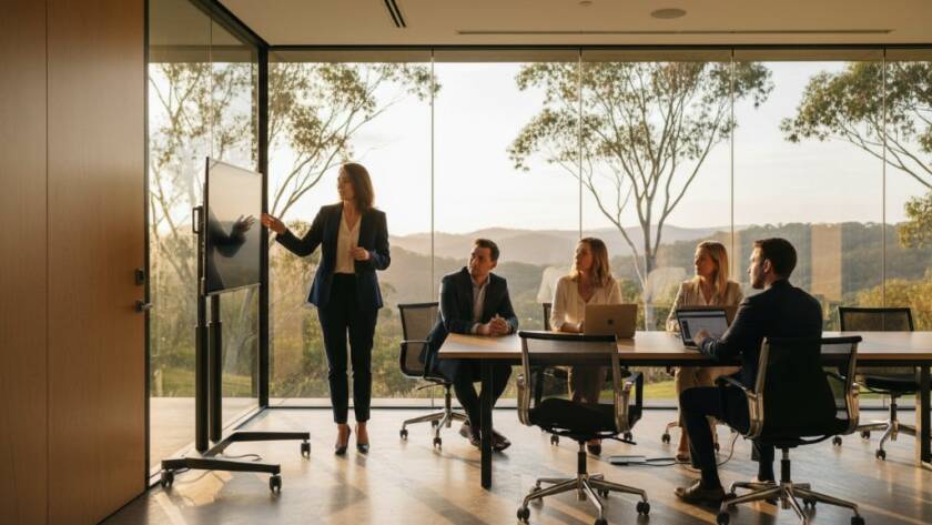Dramatic, professionally lit photograph of a confident business leader shaking hands with a client in a modern office space overlooking The Basin landscape at sunset, capturing the essence of The Basin Victoria authentic corporate photography.