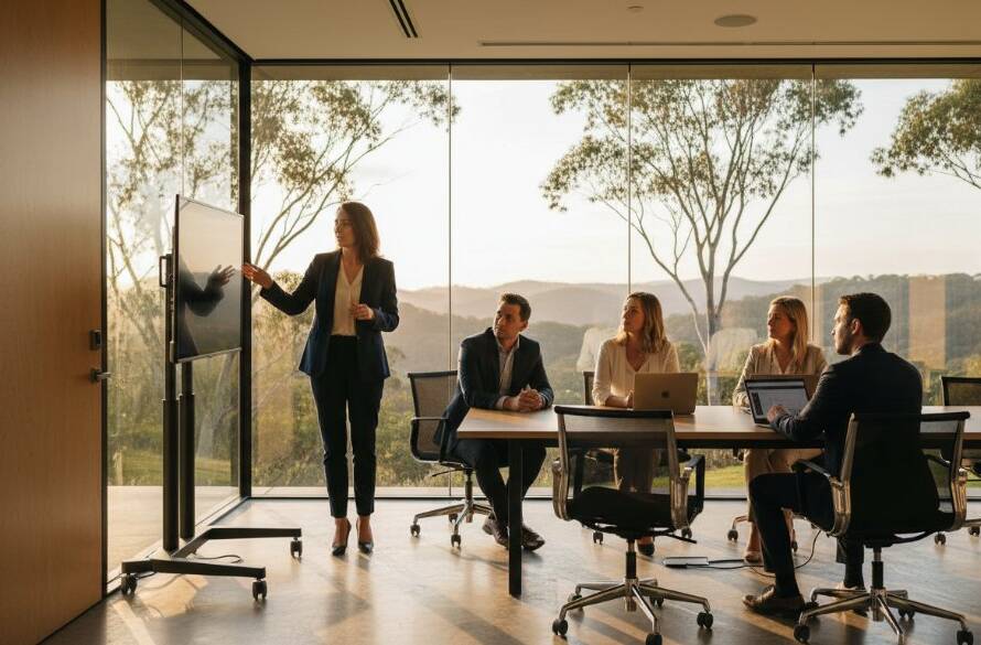 Dramatic, professionally lit photograph of a confident business leader shaking hands with a client in a modern office space overlooking The Basin landscape at sunset, capturing the essence of The Basin Victoria authentic corporate photography.