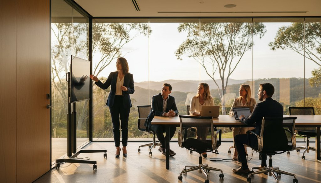 Dramatic, professionally lit photograph of a confident business leader shaking hands with a client in a modern office space overlooking The Basin landscape at sunset, capturing the essence of The Basin Victoria authentic corporate photography.