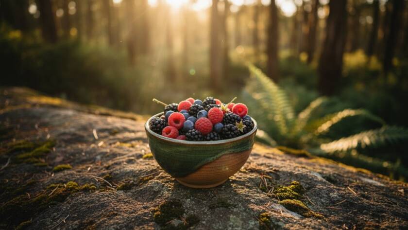 A dramatic close-up of artisan handcrafted ceramic mugs on a rustic wooden table, bathed in golden hour sunlight filtering through gum leaves, showcasing The Basin Victoria bespoke product photography, highlighting texture and warmth.
