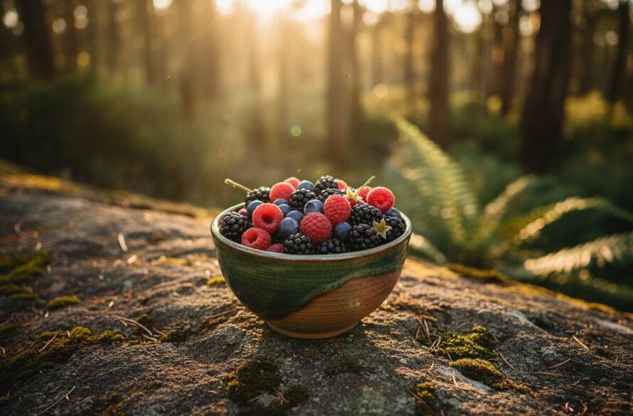 A dramatic close-up of artisan handcrafted ceramic mugs on a rustic wooden table, bathed in golden hour sunlight filtering through gum leaves, showcasing The Basin Victoria bespoke product photography, highlighting texture and warmth.