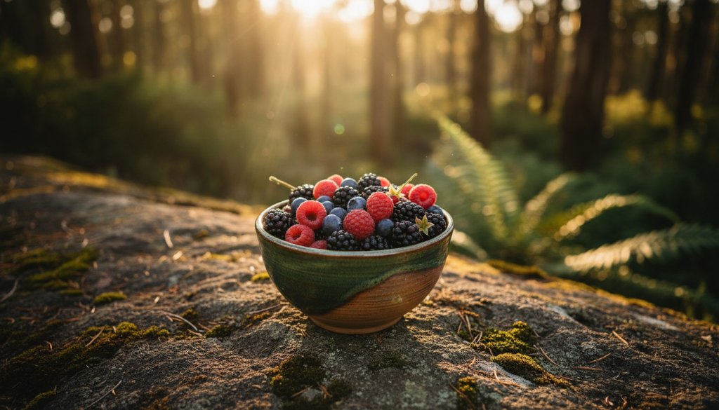 A dramatic close-up of artisan handcrafted ceramic mugs on a rustic wooden table, bathed in golden hour sunlight filtering through gum leaves, showcasing The Basin Victoria bespoke product photography, highlighting texture and warmth.