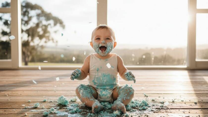A joyful baby mid-air, hands covered in cake, surrounded by colourful balloons and soft light, capturing The Basin Victoria cake smash photoshoot ideas in a vibrant, 'epic moment' style photograph.