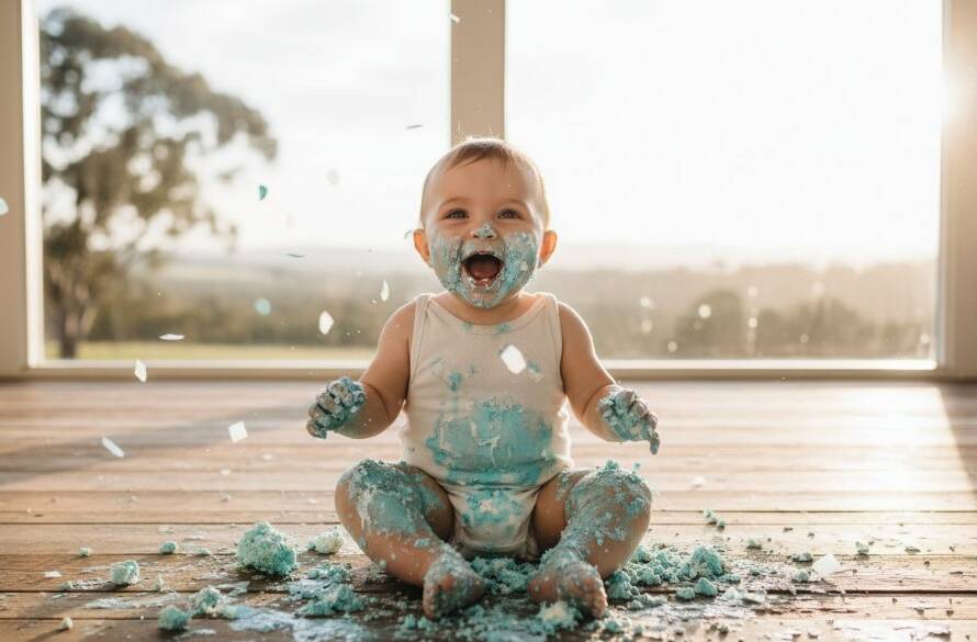 A joyful baby mid-air, hands covered in cake, surrounded by colourful balloons and soft light, capturing The Basin Victoria cake smash photoshoot ideas in a vibrant, 'epic moment' style photograph.