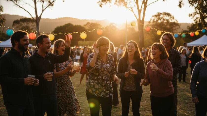 A vibrant, emotionally charged 'The Basin Victoria Candid Moments Event Photography' shot featuring guests laughing joyously under string lights at a community gathering, set against the soft, rolling hills of the Dandenong Ranges at dusk, captured in an epic, professional, color-graded style.