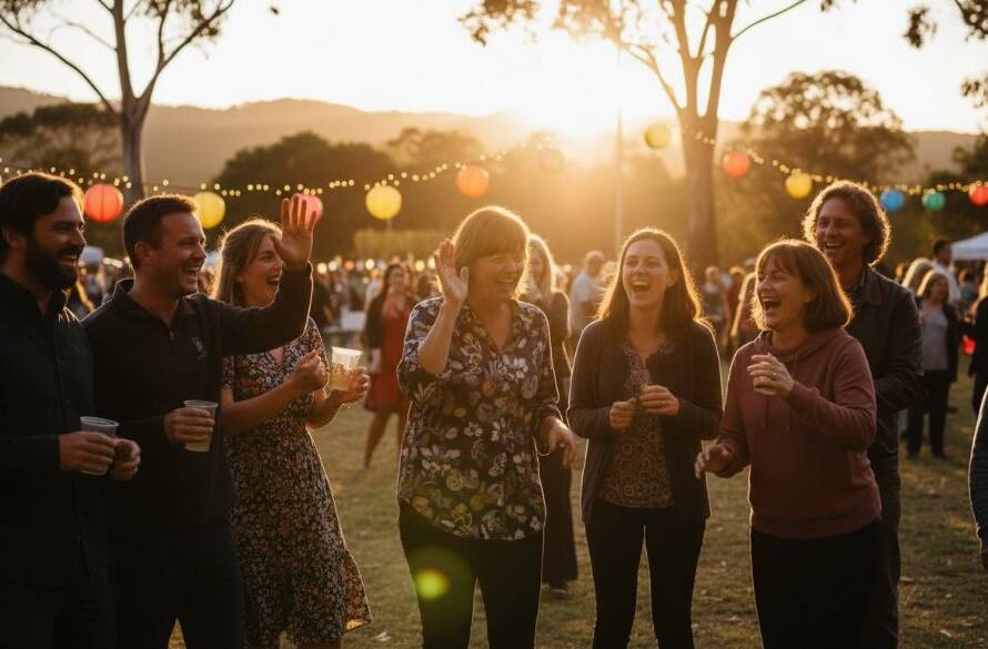 A vibrant, emotionally charged 'The Basin Victoria Candid Moments Event Photography' shot featuring guests laughing joyously under string lights at a community gathering, set against the soft, rolling hills of the Dandenong Ranges at dusk, captured in an epic, professional, color-graded style.