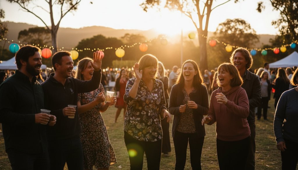 A vibrant, emotionally charged 'The Basin Victoria Candid Moments Event Photography' shot featuring guests laughing joyously under string lights at a community gathering, set against the soft, rolling hills of the Dandenong Ranges at dusk, captured in an epic, professional, color-graded style.