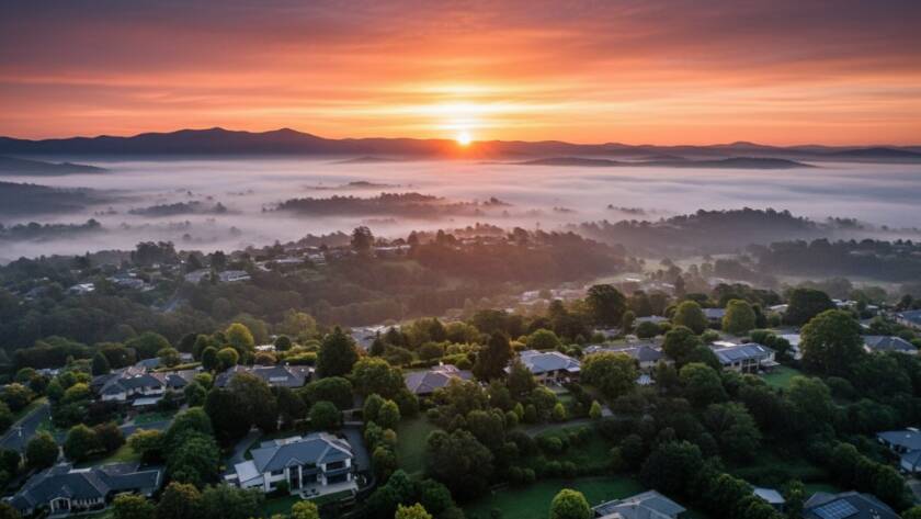 An awe-inspiring aerial photograph capturing the expansive, verdant landscape of The Basin, Victoria, at sunrise, showcasing the unique The Basin Victoria drone photography views with dramatic light illuminating the Dandenong Ranges and a serene residential pocket. The composition highlights the beauty and scale of the region.
