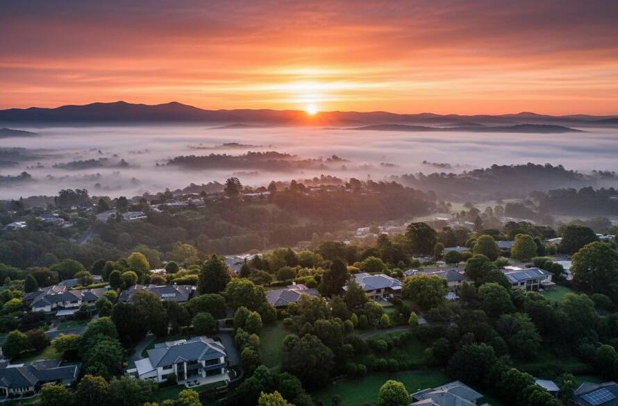 An awe-inspiring aerial photograph capturing the expansive, verdant landscape of The Basin, Victoria, at sunrise, showcasing the unique The Basin Victoria drone photography views with dramatic light illuminating the Dandenong Ranges and a serene residential pocket. The composition highlights the beauty and scale of the region.