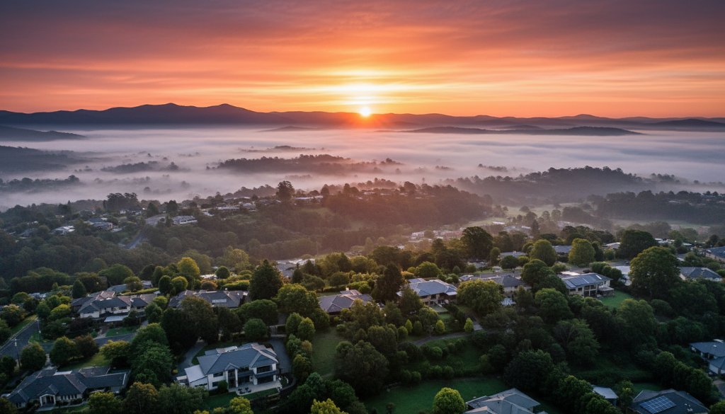 An awe-inspiring aerial photograph capturing the expansive, verdant landscape of The Basin, Victoria, at sunrise, showcasing the unique The Basin Victoria drone photography views with dramatic light illuminating the Dandenong Ranges and a serene residential pocket. The composition highlights the beauty and scale of the region.