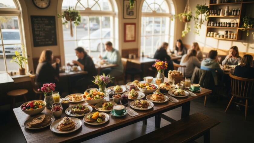 Dramatic overhead shot showcasing a perfectly styled brunch spread on a rustic wooden table in a sun-drenched artisan cafe in The Basin, Victoria, highlighting expert The Basin Victoria food photography for artisan cafes.