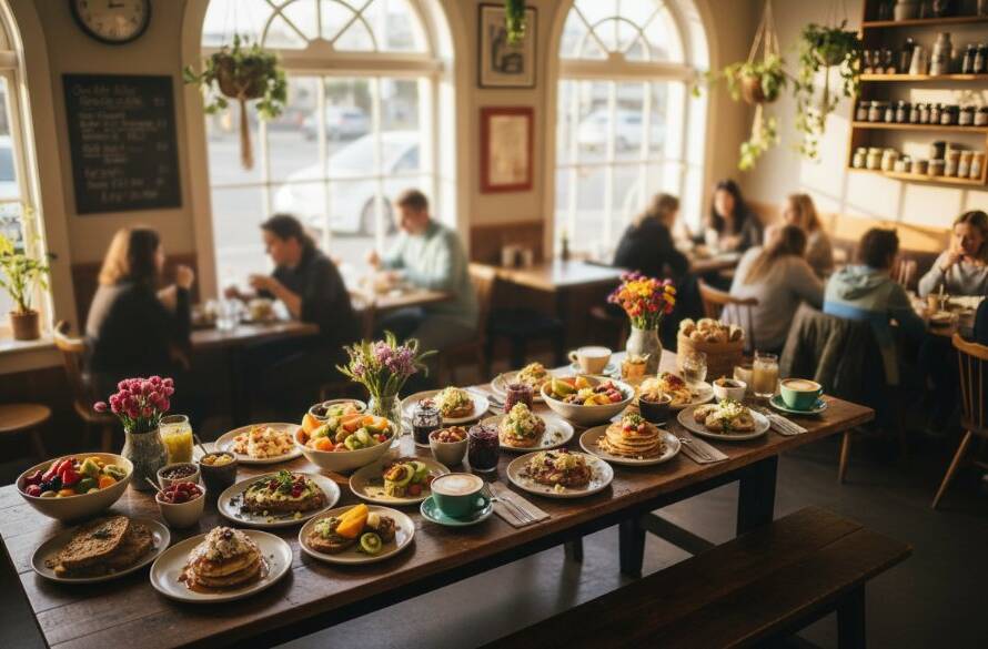 Dramatic overhead shot showcasing a perfectly styled brunch spread on a rustic wooden table in a sun-drenched artisan cafe in The Basin, Victoria, highlighting expert The Basin Victoria food photography for artisan cafes.