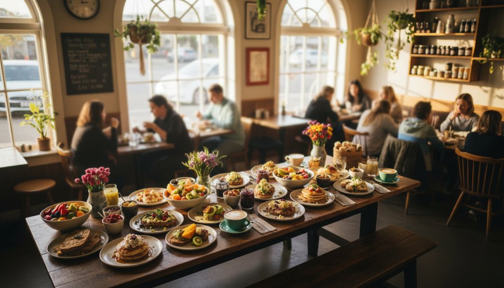 Dramatic overhead shot showcasing a perfectly styled brunch spread on a rustic wooden table in a sun-drenched artisan cafe in The Basin, Victoria, highlighting expert The Basin Victoria food photography for artisan cafes.