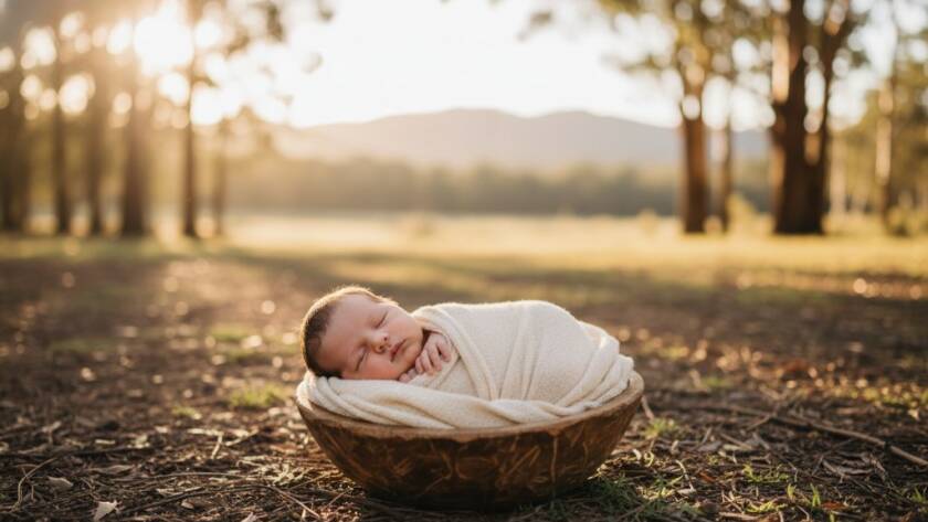 A serene and emotionally resonant 'epic moment' photograph capturing the innocence of a newborn baby in The Basin Victoria newborn outdoor photography session, nestled safely in a rustic wooden basket amidst soft, dappled morning light filtering through eucalyptus trees, embodying the gentle beauty of early life.