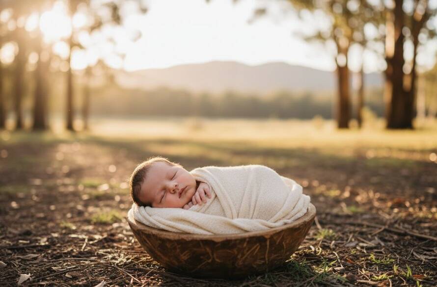 A serene and emotionally resonant 'epic moment' photograph capturing the innocence of a newborn baby in The Basin Victoria newborn outdoor photography session, nestled safely in a rustic wooden basket amidst soft, dappled morning light filtering through eucalyptus trees, embodying the gentle beauty of early life.