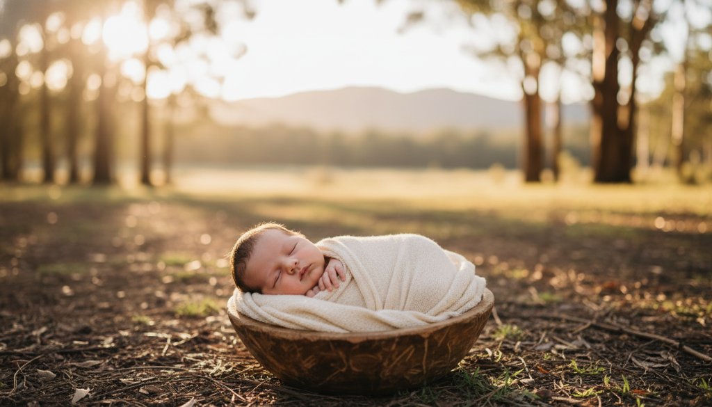 A serene and emotionally resonant 'epic moment' photograph capturing the innocence of a newborn baby in The Basin Victoria newborn outdoor photography session, nestled safely in a rustic wooden basket amidst soft, dappled morning light filtering through eucalyptus trees, embodying the gentle beauty of early life.