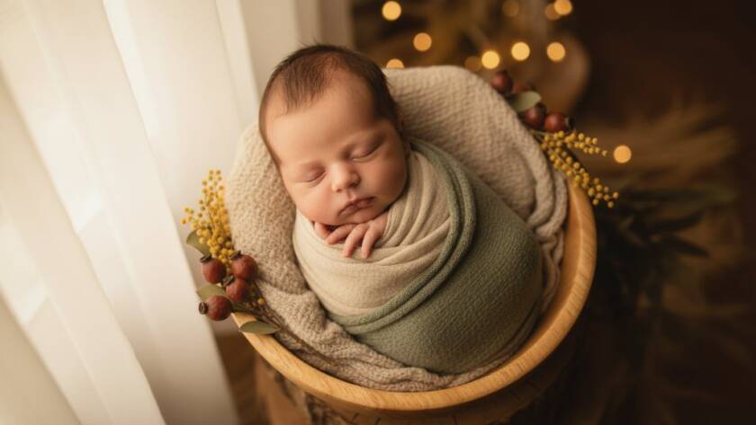 An emotional, cinematic portrait showcasing a newborn baby in a serene, natural pose, gently cradled in soft wraps with warm, ethereal light filtering through a window, captured by The Basin Victoria serene newborn photography. The image evokes peace and the preciousness of early life.