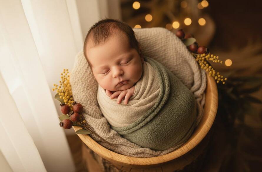 An emotional, cinematic portrait showcasing a newborn baby in a serene, natural pose, gently cradled in soft wraps with warm, ethereal light filtering through a window, captured by The Basin Victoria serene newborn photography. The image evokes peace and the preciousness of early life.