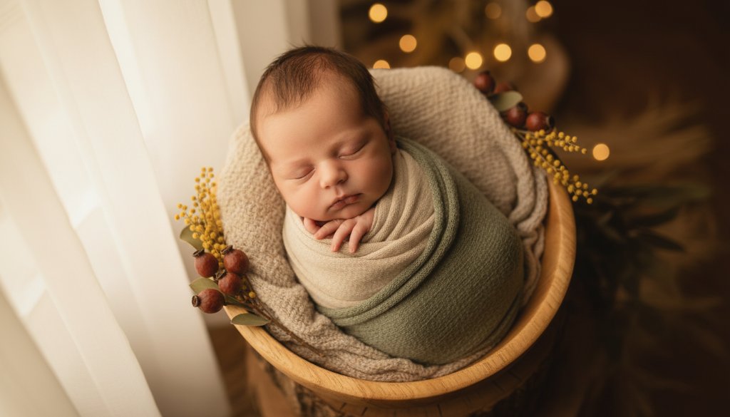 An emotional, cinematic portrait showcasing a newborn baby in a serene, natural pose, gently cradled in soft wraps with warm, ethereal light filtering through a window, captured by The Basin Victoria serene newborn photography. The image evokes peace and the preciousness of early life.