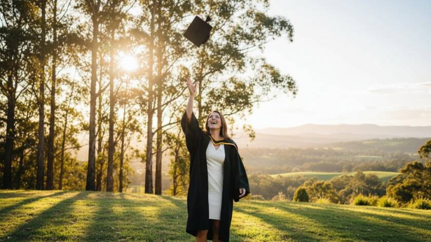 A vibrant, professionally colour-graded photograph capturing an ecstatic graduate tossing their cap high against the scenic backdrop of The Basin, Victoria, celebrating their achievement during a The Basin Victoria vibrant graduation photo shoots session.