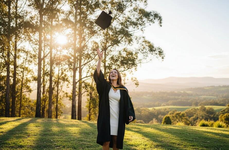 A vibrant, professionally colour-graded photograph capturing an ecstatic graduate tossing their cap high against the scenic backdrop of The Basin, Victoria, celebrating their achievement during a The Basin Victoria vibrant graduation photo shoots session.