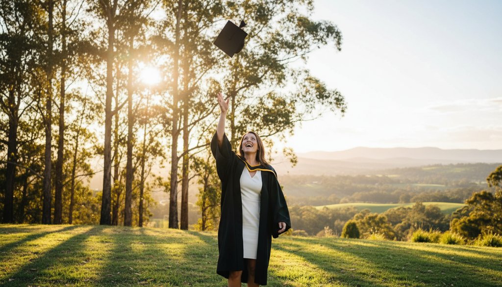 A vibrant, professionally colour-graded photograph capturing an ecstatic graduate tossing their cap high against the scenic backdrop of The Basin, Victoria, celebrating their achievement during a The Basin Victoria vibrant graduation photo shoots session.