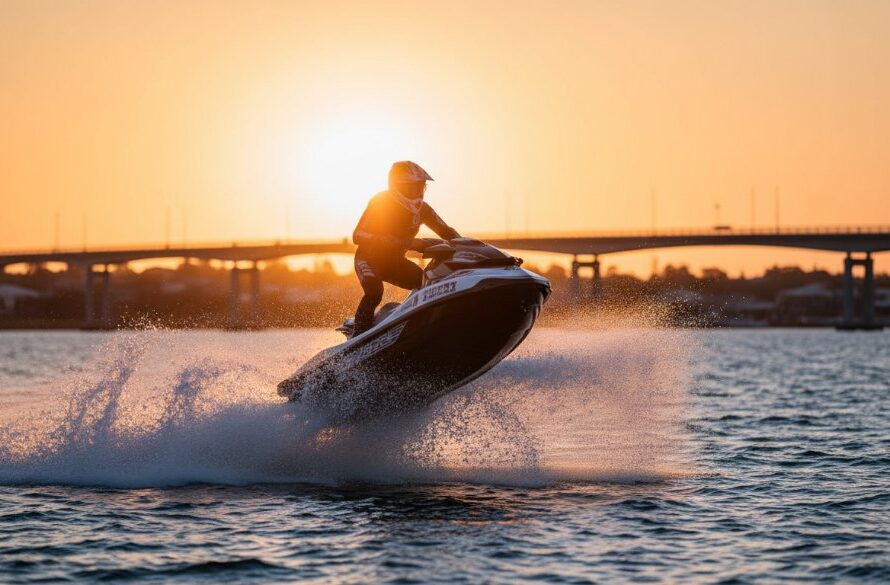 A high-impact shot showcasing thrilling watersports photography Lakes Entrance, featuring a professional jet ski racer mid-air, with a dramatic splash and the shimmering waters of Cunningham Arm in the background, captured at golden hour with dramatic lighting.