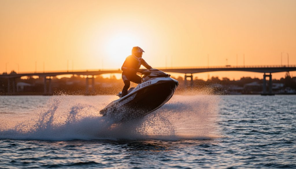 A high-impact shot showcasing thrilling watersports photography Lakes Entrance, featuring a professional jet ski racer mid-air, with a dramatic splash and the shimmering waters of Cunningham Arm in the background, captured at golden hour with dramatic lighting.