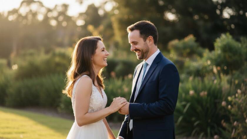 A couple sharing a joyful, candid moment amidst golden hour light in a beautiful Albanvale park, expertly captured by a professional photographer, embodying timeless Albanvale wedding photography capturing joy.
