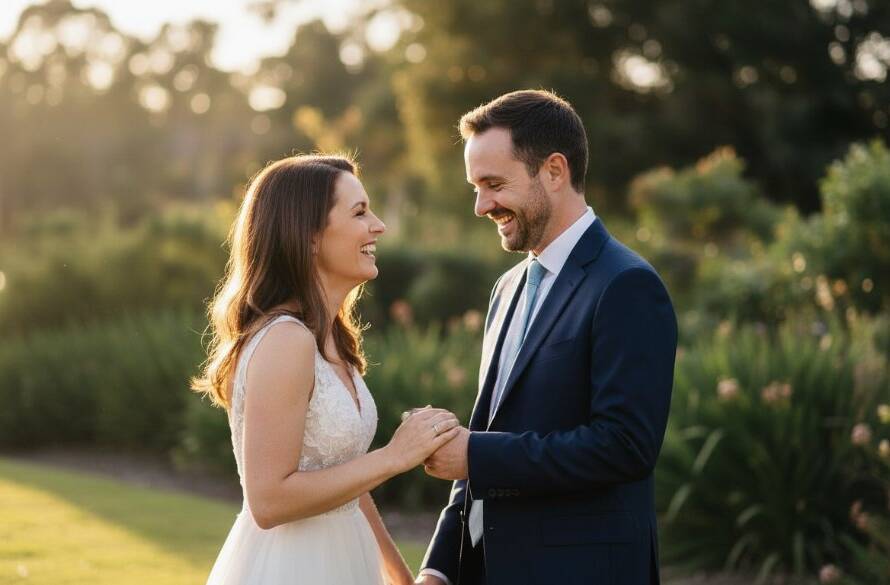 A couple sharing a joyful, candid moment amidst golden hour light in a beautiful Albanvale park, expertly captured by a professional photographer, embodying timeless Albanvale wedding photography capturing joy.