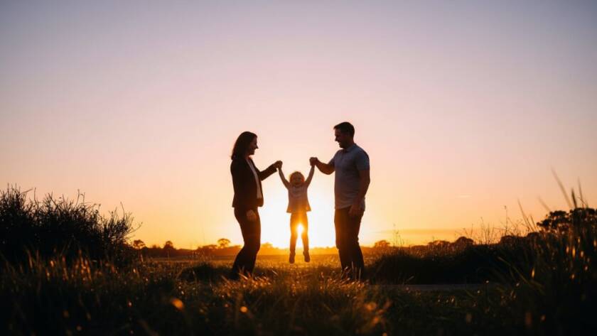 A stunning, warm sunset photograph capturing genuine laughter during a timeless Altona North family photography outdoor memories session, with parents playfully lifting their child against a golden hour sky, evoking joy and connection.
