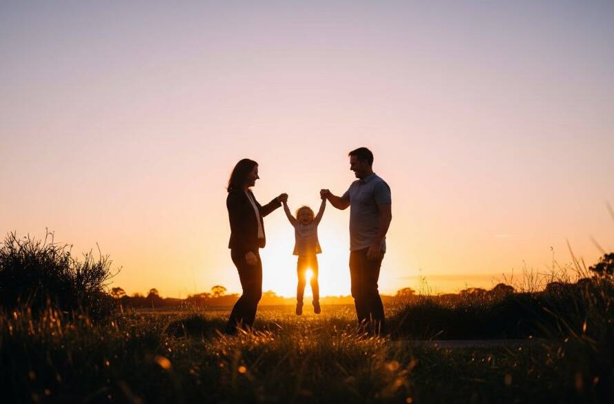 A stunning, warm sunset photograph capturing genuine laughter during a timeless Altona North family photography outdoor memories session, with parents playfully lifting their child against a golden hour sky, evoking joy and connection.