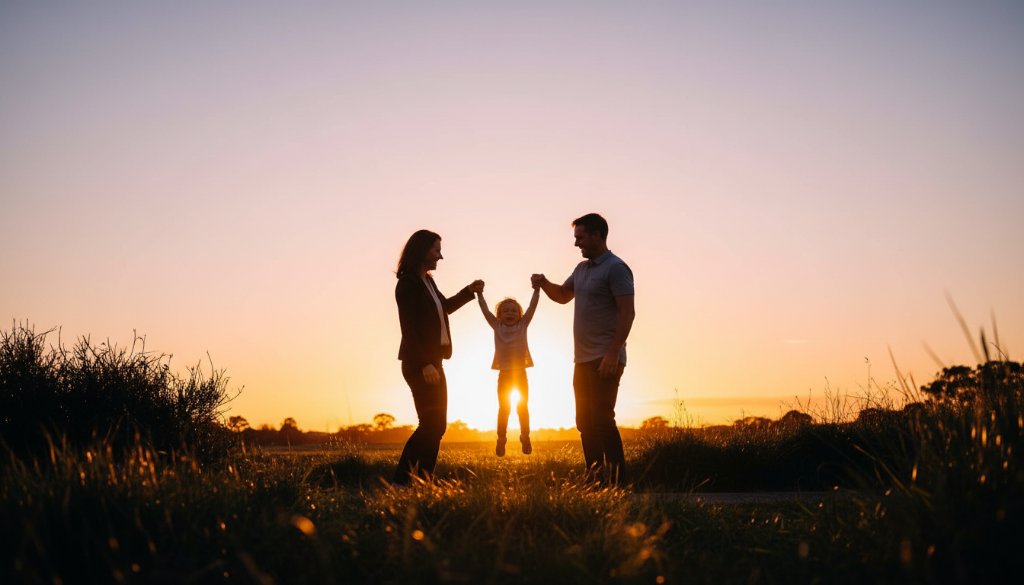 A stunning, warm sunset photograph capturing genuine laughter during a timeless Altona North family photography outdoor memories session, with parents playfully lifting their child against a golden hour sky, evoking joy and connection.