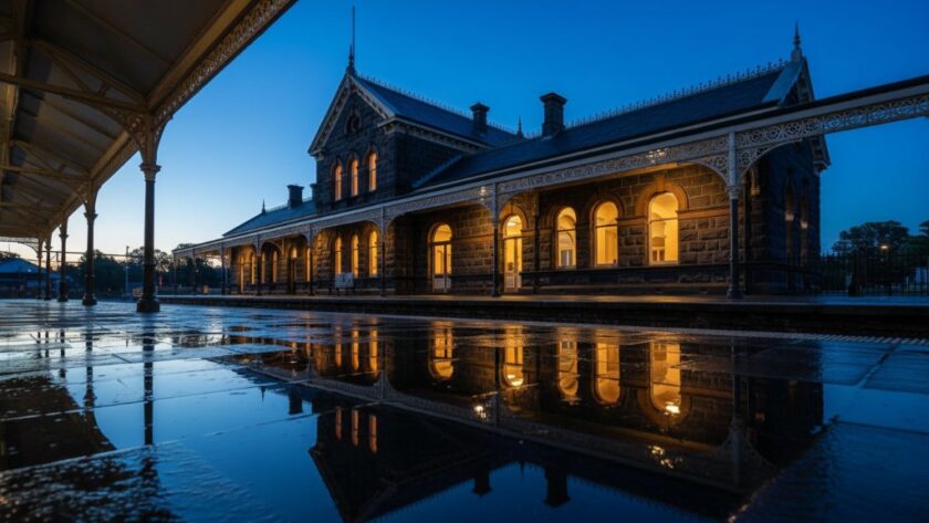 A dramatic, cinematic wide shot capturing the majestic, floodlit facade of a prominent heritage building in Seymour, Victoria, at dusk. The 'Timeless architectural photography Seymour Victoria heritage buildings' style emphasizes its grand Victorian architecture, with long shadows and warm interior lights spilling onto the wet cobblestone street, reflecting the dramatic sky.