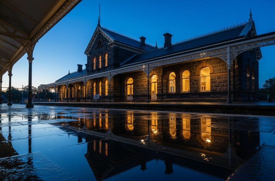 A dramatic, cinematic wide shot capturing the majestic, floodlit facade of a prominent heritage building in Seymour, Victoria, at dusk. The 'Timeless architectural photography Seymour Victoria heritage buildings' style emphasizes its grand Victorian architecture, with long shadows and warm interior lights spilling onto the wet cobblestone street, reflecting the dramatic sky.