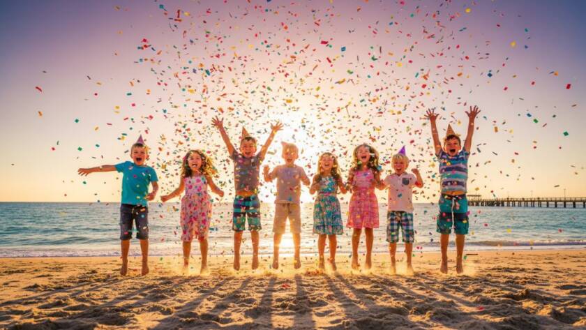 An epic moment of pure joy captured by Timeless Aspendale Party Photography Capturing Joy, showing children laughing and throwing colourful confetti at a lively beach party in Aspendale, bathed in golden hour light with the ocean in the background.