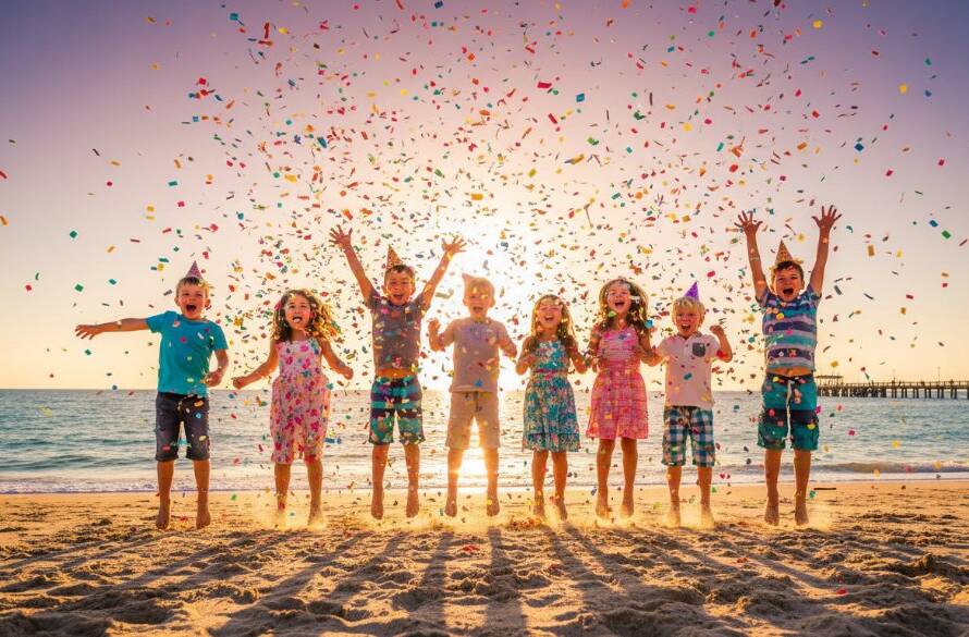 An epic moment of pure joy captured by Timeless Aspendale Party Photography Capturing Joy, showing children laughing and throwing colourful confetti at a lively beach party in Aspendale, bathed in golden hour light with the ocean in the background.