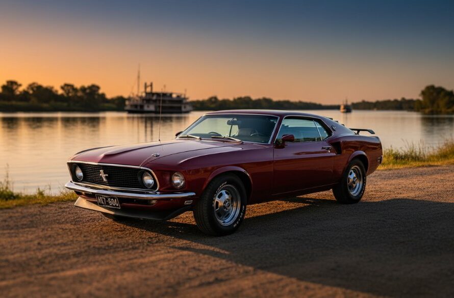 Dramatic, professionally color-graded wide shot featuring a gleaming vintage Ford Mustang GT Fastback, in cherry red, parked beside the golden banks of the Murray River in Echuca at sunset. The car is angled to highlight its sleek lines, with the iconic Echuca Paddlesteamers faintly visible in the misty background. Timeless Automotive Photography Echuca Murray River capturing an iconic Australian landscape.