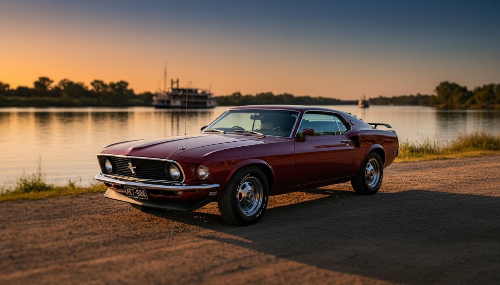 Dramatic, professionally color-graded wide shot featuring a gleaming vintage Ford Mustang GT Fastback, in cherry red, parked beside the golden banks of the Murray River in Echuca at sunset. The car is angled to highlight its sleek lines, with the iconic Echuca Paddlesteamers faintly visible in the misty background. Timeless Automotive Photography Echuca Murray River capturing an iconic Australian landscape.