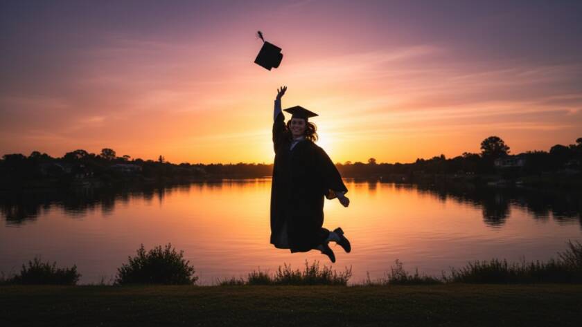 A jubilant high school graduate, adorned in cap and gown, throws their cap into the air against a vibrant sunset over the Maribyrnong River in Avondale Heights, embodying Timeless Avondale Heights Graduation Photography Melbourne, captured with professional, cinematic flair.