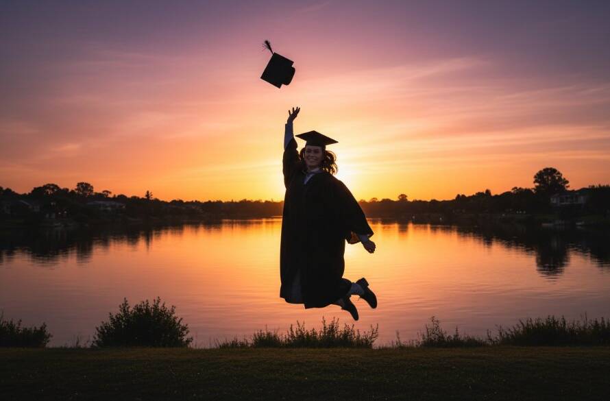 A jubilant high school graduate, adorned in cap and gown, throws their cap into the air against a vibrant sunset over the Maribyrnong River in Avondale Heights, embodying Timeless Avondale Heights Graduation Photography Melbourne, captured with professional, cinematic flair.