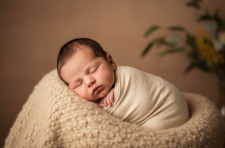 An 'epic moment' photograph of a sleeping newborn baby wrapped in a soft blanket, cradled gently, with dramatic, soft lighting highlighting their delicate features, capturing timeless baby photography Sunshine North families will cherish.