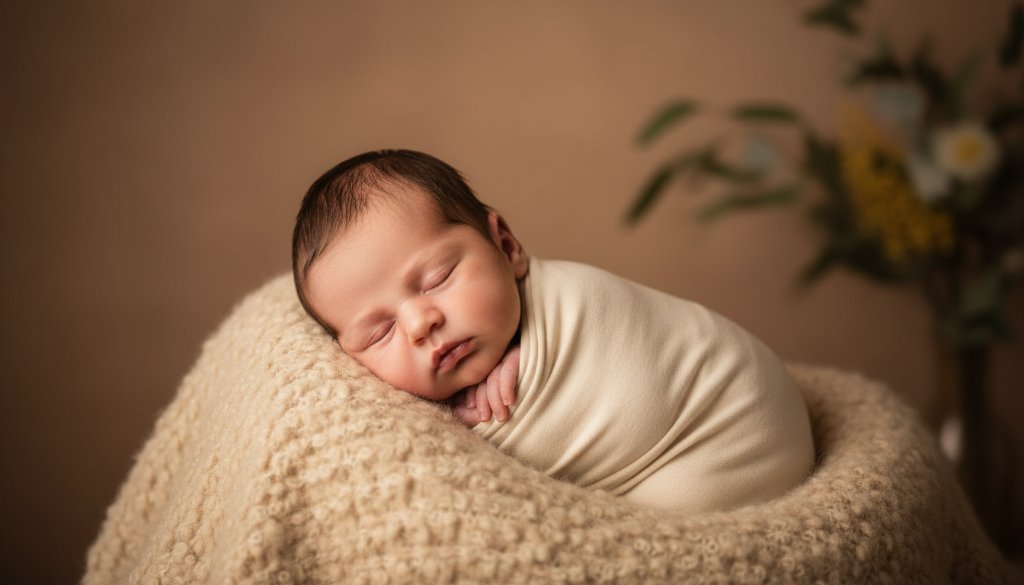 An 'epic moment' photograph of a sleeping newborn baby wrapped in a soft blanket, cradled gently, with dramatic, soft lighting highlighting their delicate features, capturing timeless baby photography Sunshine North families will cherish.