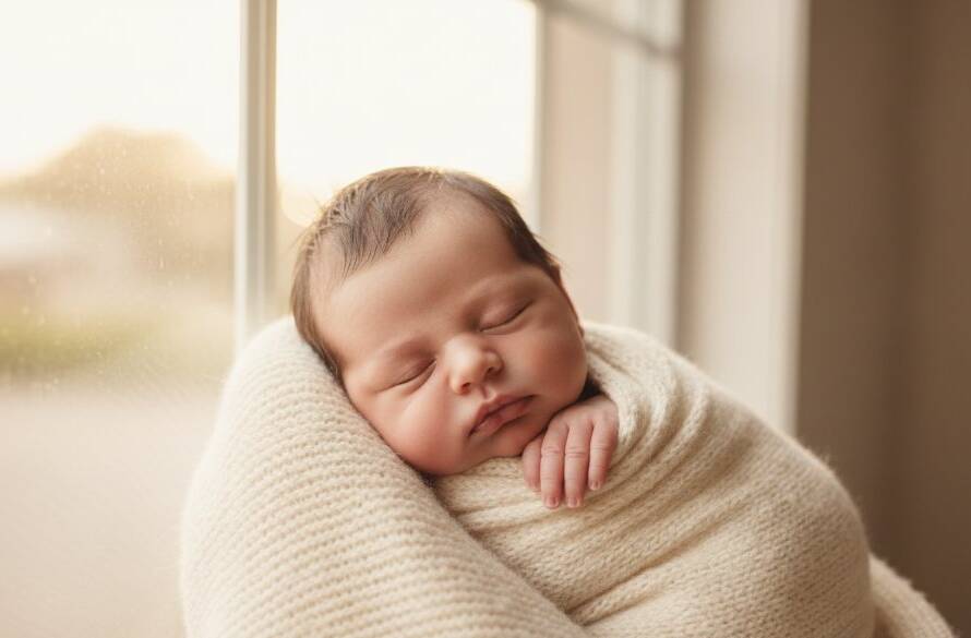 A heartwarming, professional photograph showcasing a sleeping newborn baby wrapped in a soft blanket, gently cradled in parent's hands, bathed in warm, soft light, perfect for a timeless baby photoshoot Templestowe Victoria.