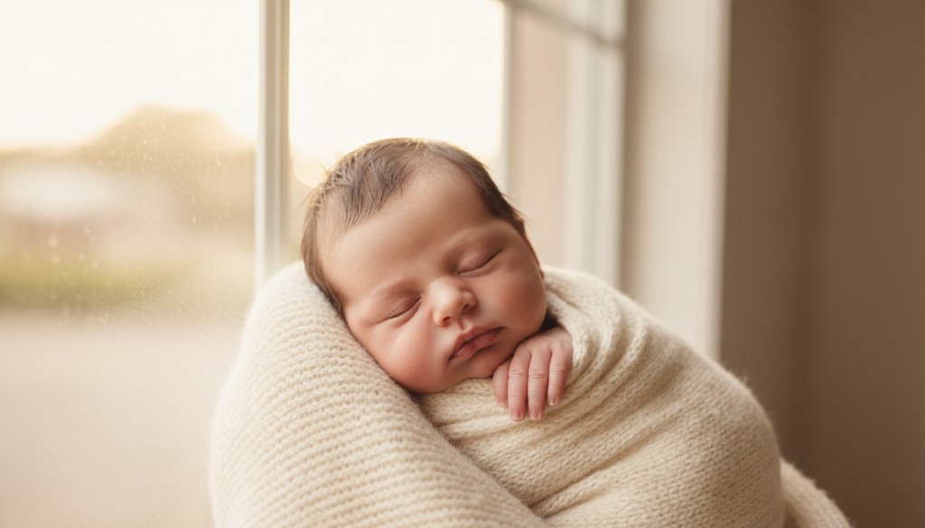 A heartwarming, professional photograph showcasing a sleeping newborn baby wrapped in a soft blanket, gently cradled in parent's hands, bathed in warm, soft light, perfect for a timeless baby photoshoot Templestowe Victoria.