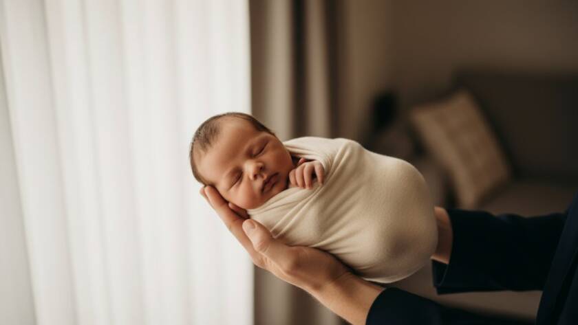 An 'epic moment' style photograph capturing timeless baby portraits Croydon VIC natural family bond, featuring a newborn baby gently held in a parent's arms, bathed in soft, ethereal natural light filtering through a window, with a focus on their tender connection and tiny details, professionally colour-graded.