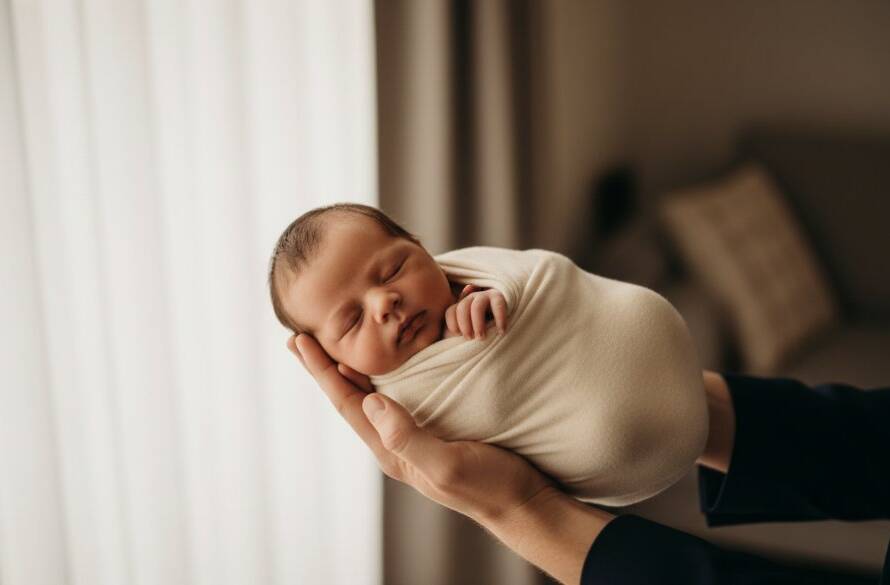 An 'epic moment' style photograph capturing timeless baby portraits Croydon VIC natural family bond, featuring a newborn baby gently held in a parent's arms, bathed in soft, ethereal natural light filtering through a window, with a focus on their tender connection and tiny details, professionally colour-graded.