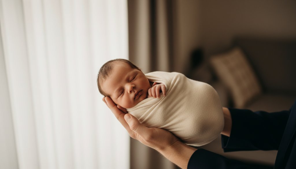 An 'epic moment' style photograph capturing timeless baby portraits Croydon VIC natural family bond, featuring a newborn baby gently held in a parent's arms, bathed in soft, ethereal natural light filtering through a window, with a focus on their tender connection and tiny details, professionally colour-graded.