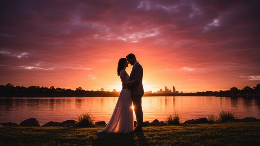 An epic, dramatically lit photograph of a couple embracing at sunset along the Barwon River, showcasing timeless Belmont pre-wedding photography capturing genuine love stories with the Geelong skyline in the background, professionally colour graded.